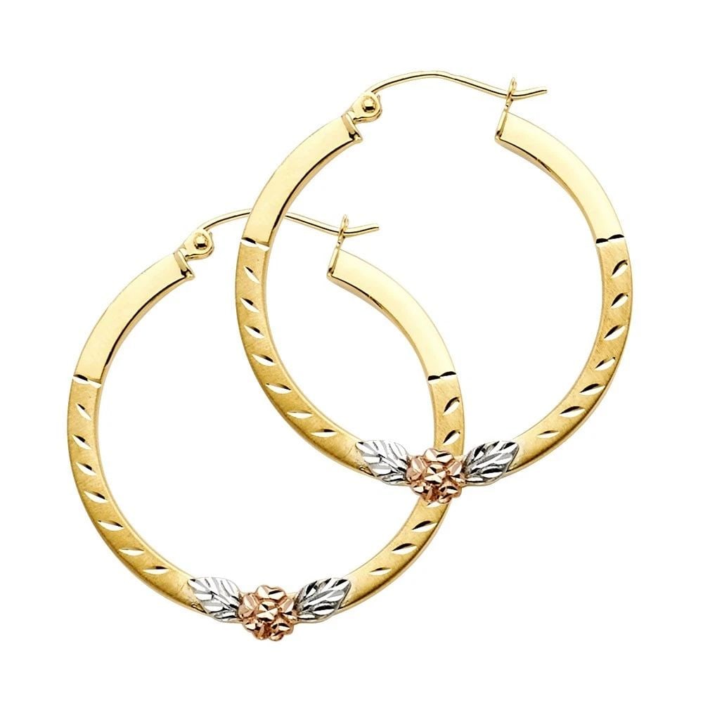 NEW 14K TRI COLOR GOLD FLOWER SQUARE HOOP EARRINGS: NEW 14K TRI COLOR GOLD FLOWER SQUARE HOOP EARRINGS FLOWER SQUARE HOOP EARRINGS NEW 14K TRI COLOR GOLD HEIGHT - 30 mm WIDTH - 30 mm Apx WEIGHT - 2 g