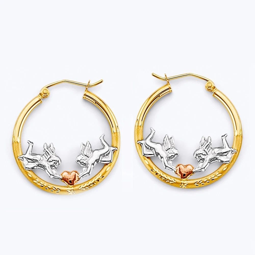 NEW 14K TRI COLOR GOLD ANGEL & HEART HOOP EARRINGS (1 of 2)