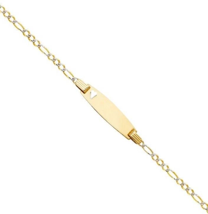 NEW 14K FIGARO 3+1 WP BABY OVAL ID WITH HEART BRACELET: 14K FIGARO 3+1 WP BABY OVAL ID WITH HEART BRACELET 14K FIGARO 3+1 WP BABY OVAL ID WITH HEART BRACELET NEW 14K TWO TONE GOLD LENGTH - 6in Apx WEIGHT - 2.6g