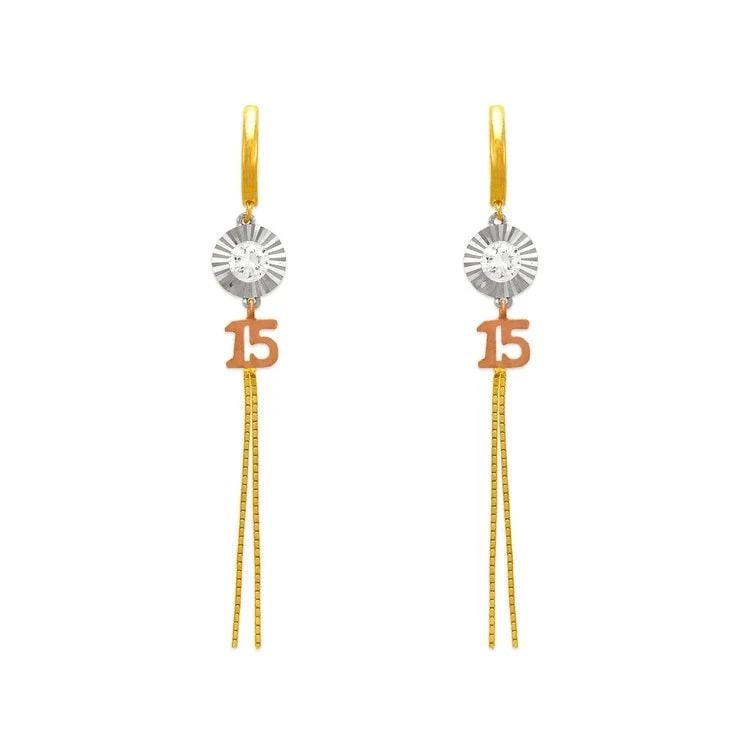 NEW 14K TRICOLOR GOLD FANCY 15 ANOS DROP EARRINGS: NEW 14K TRICOLOR GOLD FANCY 15 ANOS DROP EARRINGS FANCY 15 ANOS DROP EARRINGS NEW 14K TRICOLOR GOLD Width: Approx. 60mm Apx WEIGHT: 2.6g