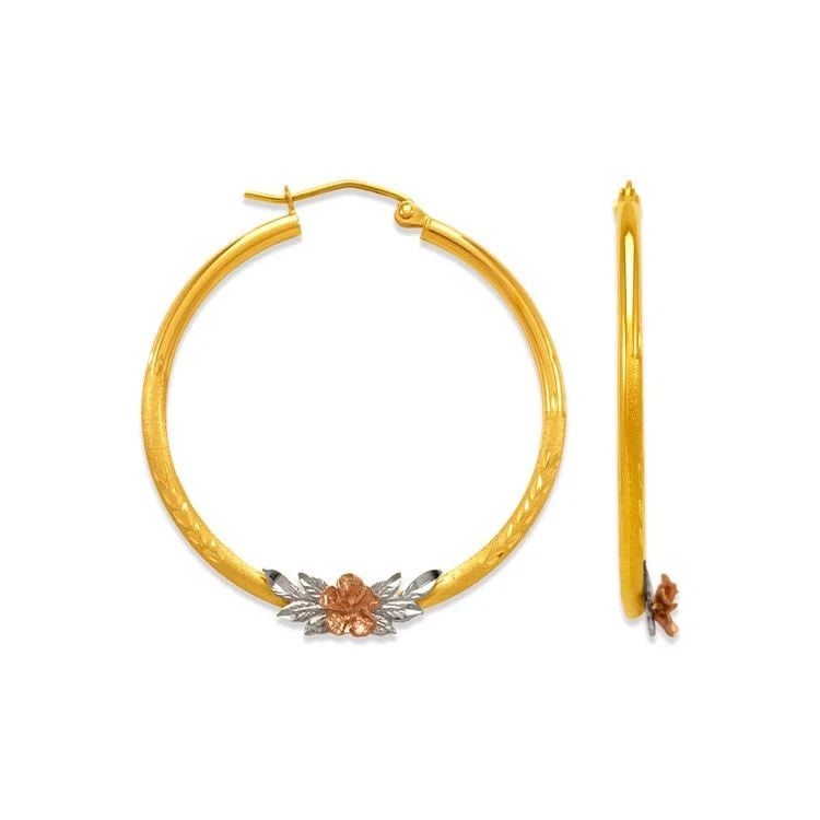 NEW 14K TRICOLOR GOLD 2MM ROUND TUBE FLOWER HOOP EARRINGS: NEW 14K TRICOLOR GOLD 2MM ROUND TUBE FLOWER HOOP EARRINGS 2MM ROUND TUBE FLOWER HOOP EARRINGS NEW 14K TRICOLOR GOLD Width: Approx. 2mm Apx WEIGHT: 1.6g