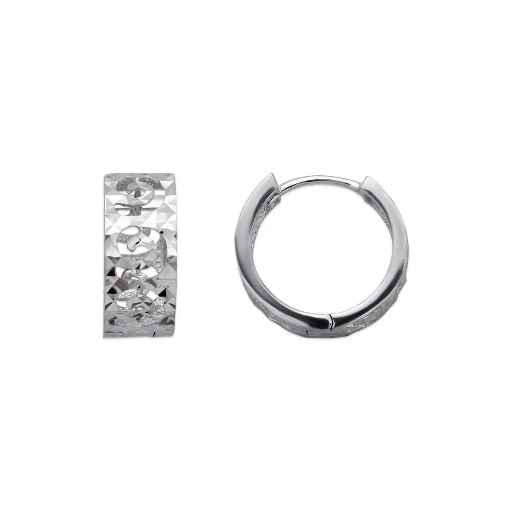 NEW 14K WHITE GOLD 14MM DIAMOND CUT HUGGIE EARRINGS: NEW 14K WHITE GOLD 14MM DIAMOND CUT HUGGIE EARRINGS 14MM DIAMOND CUT HUGGIE EARRINGS NEW 14K WHITE GOLD Width: Approx. 6x14mm Apx WEIGHT: 2.6g