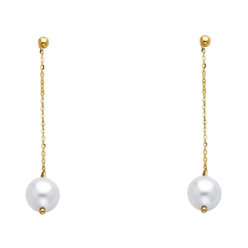 NEW 14K YELLOW GOLD PEARL HANGING EARRINGS: NEW 14K YELLOW GOLD PEARL HANGING EARRINGSPEARL HANGING EARRINGSNEW 14K YELLOW GOLDHEIGHT - 40 mmWIDTH - 7 mmApx WEIGHT - 2 g