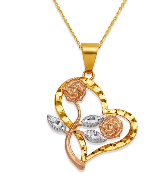 NEW 14K TRICOLOR GOLD HEART ROSE PENDANT: NEW 14K TRICOLOR GOLD HEART ROSE PENDANTHEART ROSE PENDANTNEW 14KTRICOLOR GOLDApx. WIDTH: 23x21mmApx WEIGHT: 2.6g