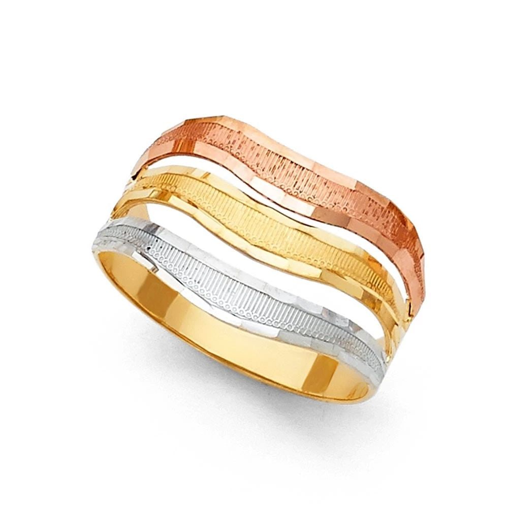 NEW 14K TRI COLOR GOLD SEMANARIO RING: NEW 14K TRI COLOR GOLD SEMANARIO RINGSEMANARIO RINGNEW 14KTRI COLOR GOLDWIDTH: 11 mmAverage Apx. WEIGHT: 2.5 g