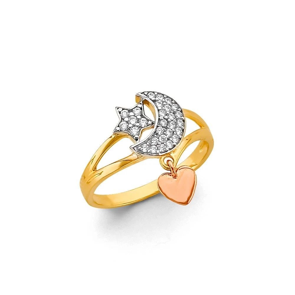 NEW 14K TRI COLOR GOLD STAR, MOON & HEART RING - SIZE 7 (1 of 2)
