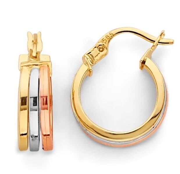 NEW 14K TRI COLOR GOLD 3 LINE HOOP EARRINGS: NEW 14K TRI COLOR GOLD 3 LINE HOOP EARRINGS3 LINE HOOP EARRINGSNEW 14KTRI COLOR GOLDHEIGHT - 15 mmWIDTH - 13 mmApx WEIGHT - 1.9 g