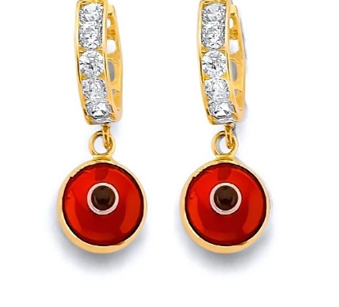 NEW 14K YELLOW GOLD RED EVIL EYE HUGGIES EARRINGS: NEW 14K YELLOW GOLD RED EVIL EYE HUGGIES EARRINGSRED EVIL EYE HUGGIES EARRINGSNEW 14K YELLOW GOLDHEIGHT - 20 mmWIDTH - 7 mmApx WEIGHT - 1.9 g