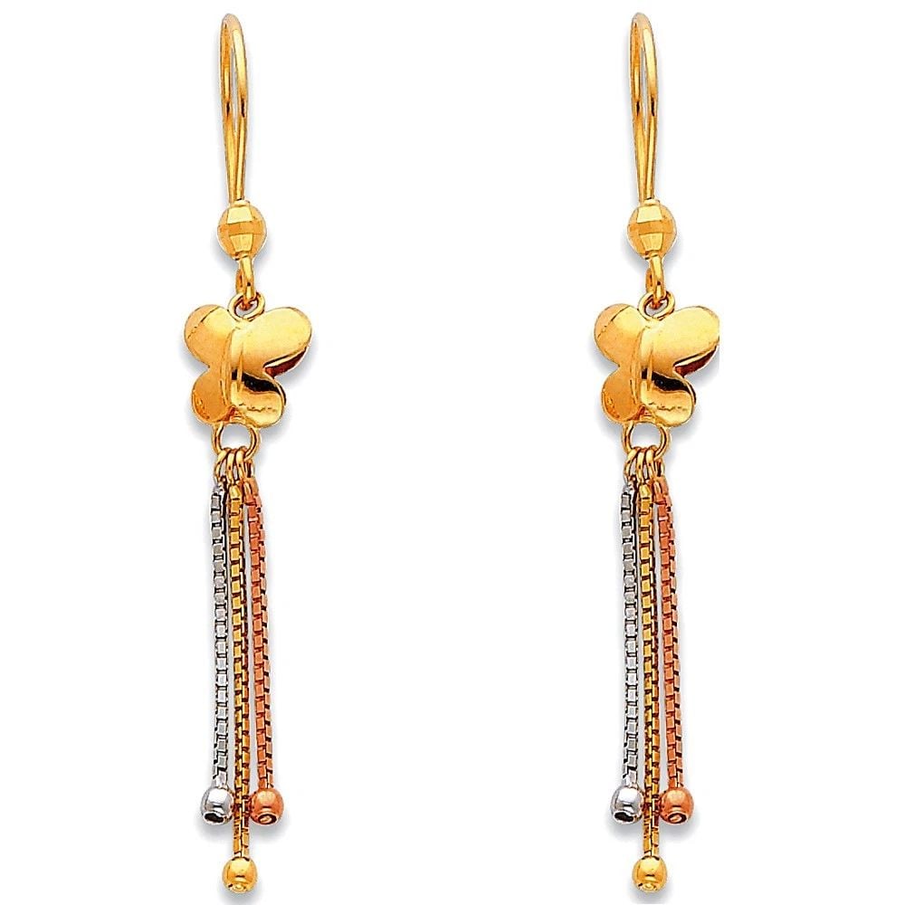 NEW 14K TRI COLOR GOLD HANGING EARRINGS: NEW 14K TRI COLOR GOLD HANGING EARRINGSHANGING EARRINGSNEW 14KTRI COLOR GOLDHEIGHT - 50 mmWIDTH - 8 mmApx WEIGHT - 1.9 g