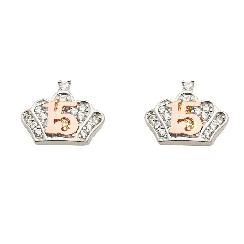 NEW 14K WHITE GOLD 15 YEARS CROWN EARRINGS WITH PUSH BACK: NEW 14K WHITE GOLD 15 YEARS CROWN EARRINGS WITH PUSH BACK15 YEARS CROWN EARRINGS WITH PUSH BACKNEW 14KWHITE GOLDHeight : 8 mmWidth : 10 mmWeight : 1.9g