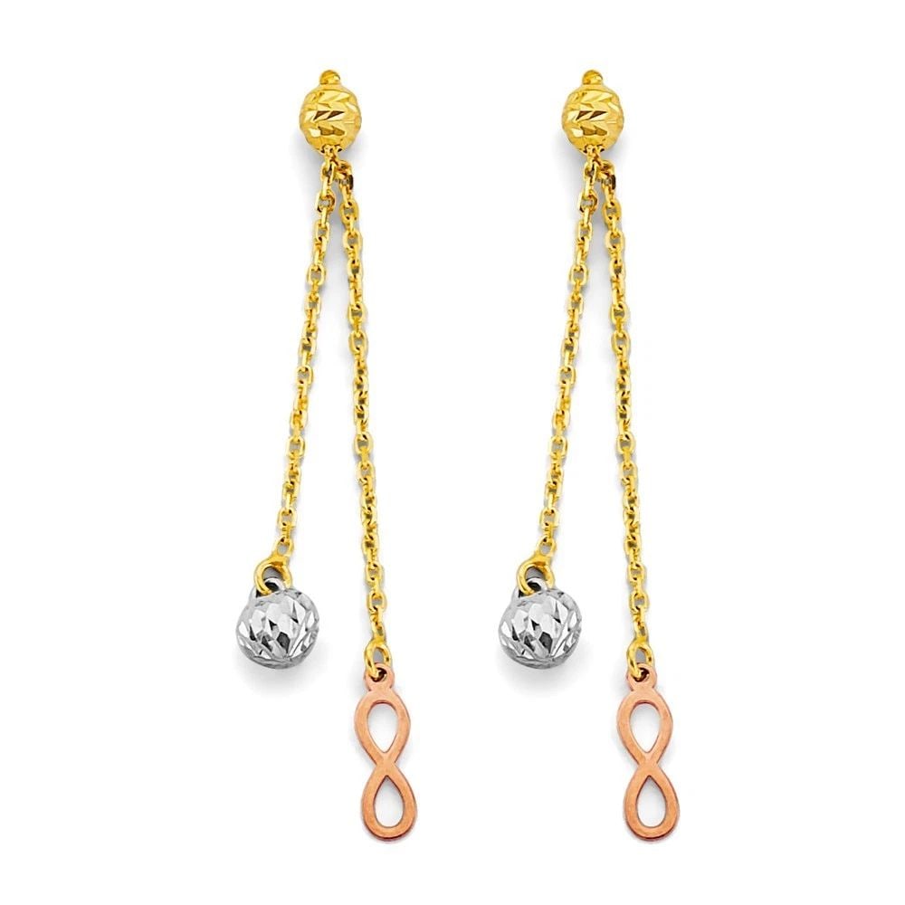 NEW 14K TRI COLOR GOLD HANGING INFINITY EARRINGS: NEW 14K TRI COLOR GOLD HANGING INFINITY EARRINGSHANGING INFINITY EARRINGSNEW 14KTRI COLOR GOLDHEIGHT - 50 mmWIDTH - 8 mmApx WEIGHT - 1.9 g