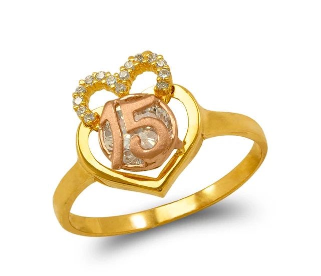 NEW 14K TWO TONE GOLD FANCY 15 ANOS DOUBLE HEART RING (1 of 2)