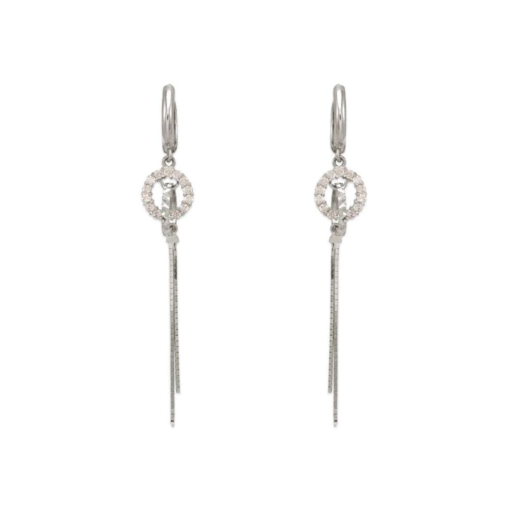 NEW 14K WHITE GOLD FANCY LOOPED CIRCLE DANGLING EARRINGS: NEW 14K WHITE GOLD FANCY LOOPED CIRCLE DANGLING EARRINGSFANCY LOOPED CIRCLE DANGLING EARRINGSNEW 14KWHITE GOLDWidth: Approx. 12x55mmApx WEIGHT: 2.5g