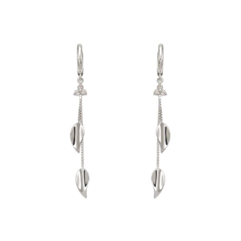 NEW 14K WHITE GOLD FANCY DOUBLE LEAF DANGLING EARRINGS: NEW 14K WHITE GOLD FANCY DOUBLE LEAF DANGLING EARRINGSFANCY DOUBLE LEAF DANGLING EARRINGSNEW 14KWHITE GOLDWidth: Approx. 12x52mmApx WEIGHT: 2.5g