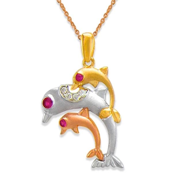 NEW 14K TRICOLOR GOLD 22MM FANCY TRIPLE DOLPHIN PENDANT (1 of 2)