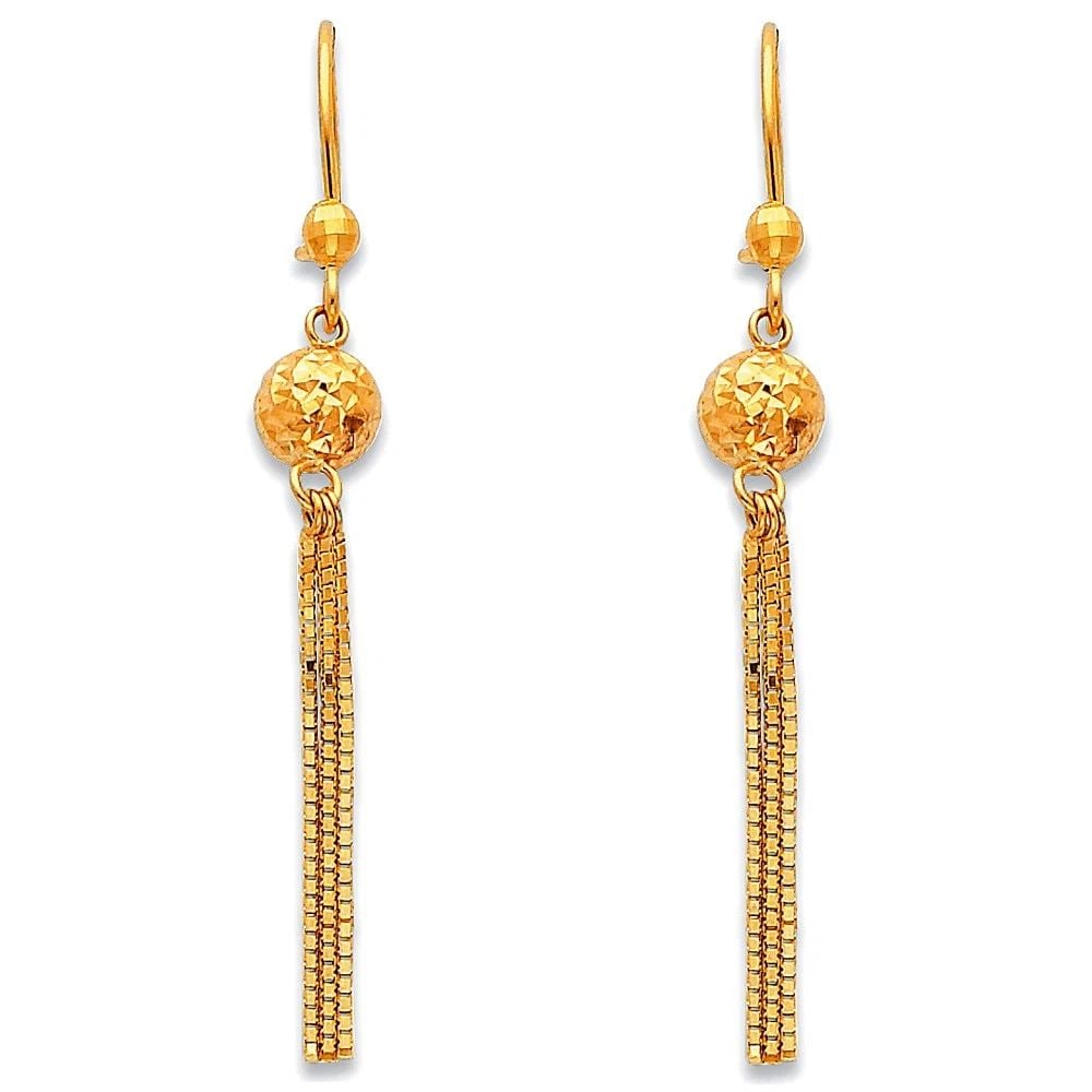 NEW 14K YELLOW GOLD HANGING EARRINGS: NEW 14K YELLOW GOLD HANGING EARRINGS (ER377)HANGING EARRINGS (ER377)NEW 14K YELLOW GOLDHEIGHT - 50 mmWIDTH - 6 mmApx WEIGHT - 1.9 g