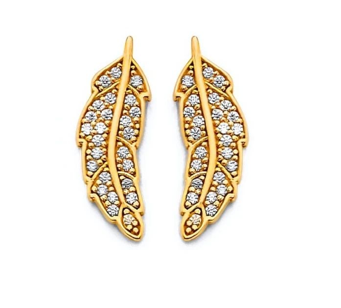 NEW 14K YELLOW GOLD FEATHER PUSH BACK EARRINGS (1 of 2)