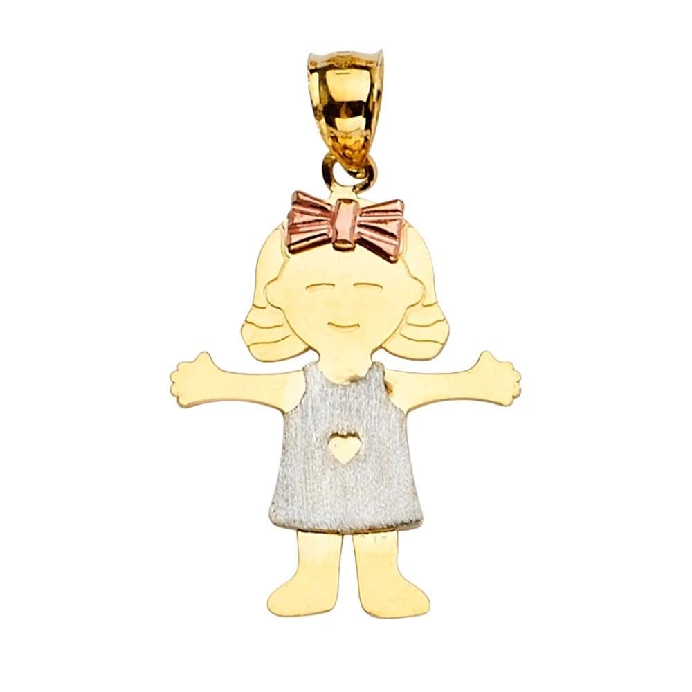NEW 14K TRI COLOR GOLD GIRL PENDANT: NEW 14K TRI COLOR GOLD GIRL PENDANTGIRL PENDANTNEW 14KTRI COLOR GOLDHeight : 35 mmWidth : 21 mmApx. WEIGHT : 2.4g