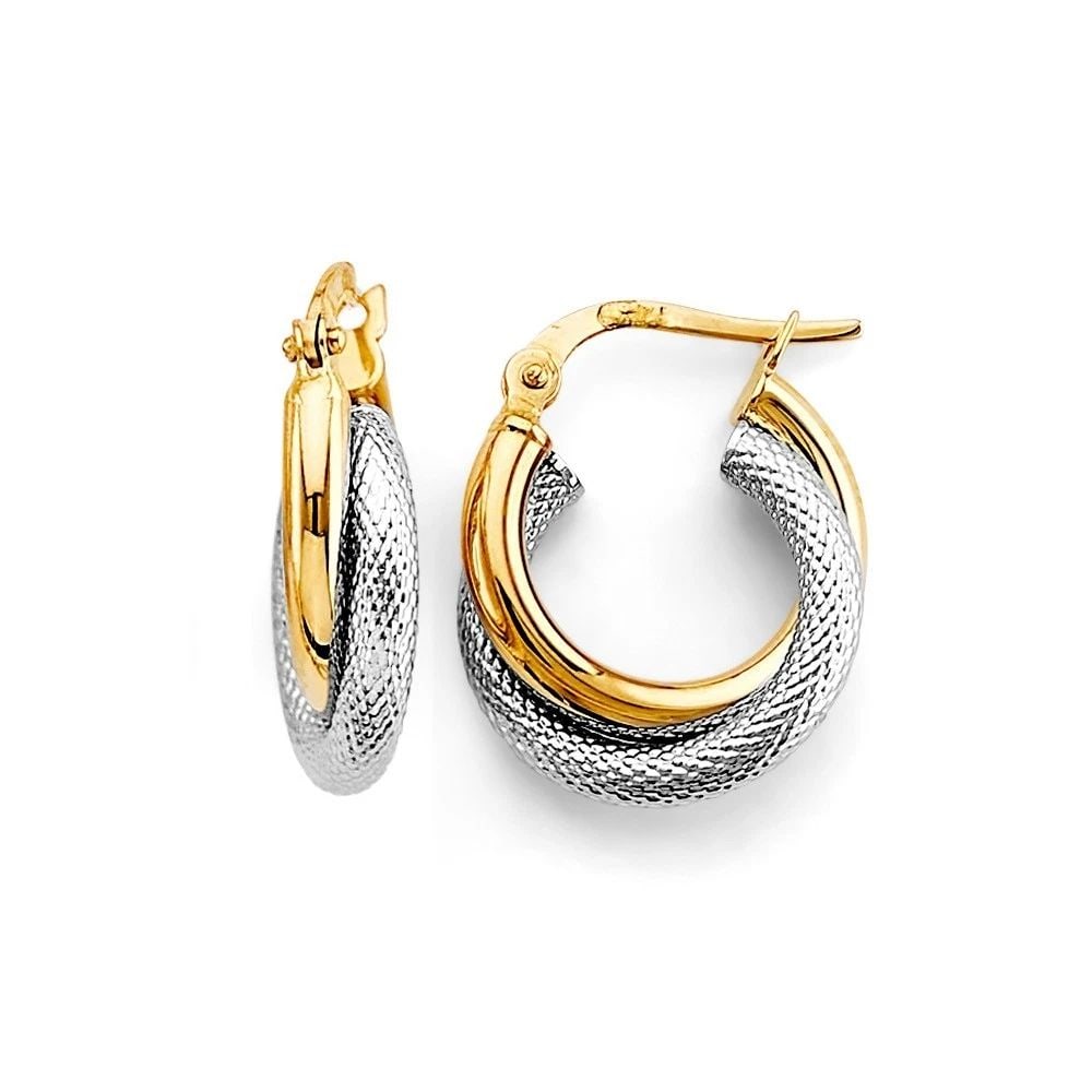 NEW 14K TWO TONE GOLD 2 LINE CROSSED HOOP EARRINGS (1 of 2)
