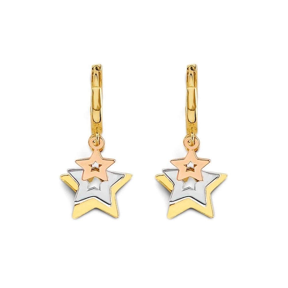 NEW 14K TRI COLOR GOLD HANGING STARS HUGGIES EARRINGS: NEW 14K TRI COLOR GOLD HANGING STARS HUGGIES EARRINGSHANGING STARS HUGGIES EARRINGSNEW 14KTRI COLOR GOLDHEIGHT - 22 mmWIDTH - 10 mmApx WEIGHT - 1.8 g