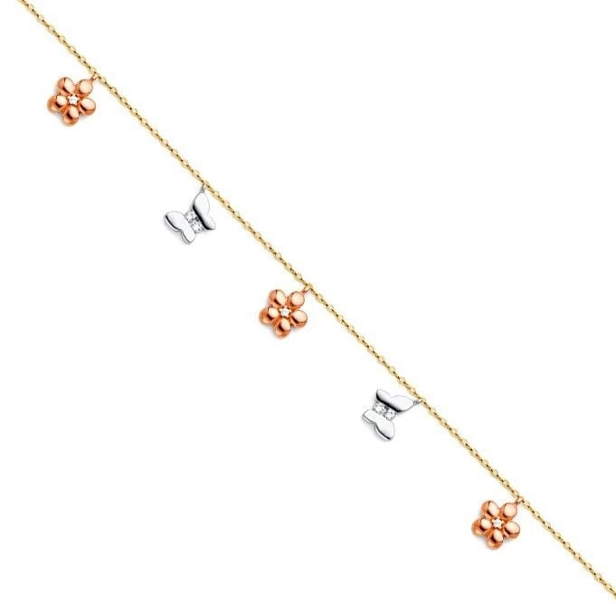NEW 14K TRI COLOR GOLD FLOWER HANGING CHARM BUTTERFLY FLOWER ANKLET: NEW 14K TRI COLOR HANGING CHARM ANKLETHANGING CHARM ANKLETNEWTRI COLOR GOLDLENGTH - 9inApx. WEIGHT - 1.8g