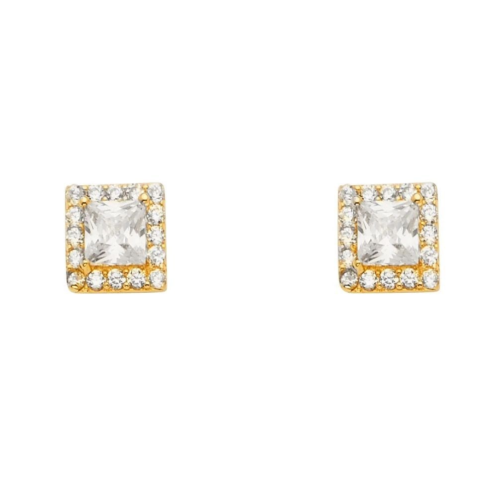 NEW 14K YELLOW GOLD SOLITARE HALO SQUARE EARRINGS WITH P BACK (1 of 2)