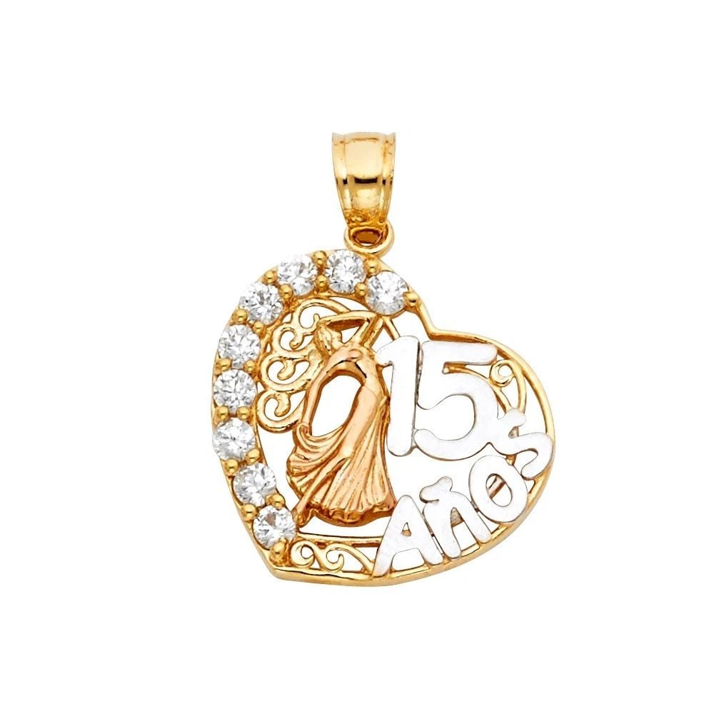 NEW 14K TRI COLOR GOLD 15 YEARS HEART PENDANT: NEW 14K TRI COLOR GOLD 15 YEARS HEART PENDANT15 YEARS HEART PENDANTNEW 14KTRI COLOR GOLDHeight : 20 mmWidth : 20 mmApx. WEIGHT : 2.4g