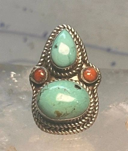 TURQUOISE BOHO LONG CORAL SIZE 7 STERLING SILVER WOMEN: TURQUOISE BOHO LONG CORAL SIZE 7 STERLING SILVER WOMEN Turquoise Boho long coral size 7 sterling silver women Size 7 Weight 14.1g Length 1 3/8" Width 7/8" Thinnest part of band 3/16"