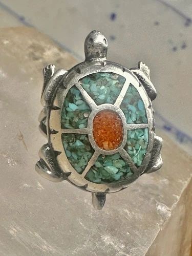 TURTLE RING SOUTHWEST TURQUOISE CORAL CHIPS SIZE 5 STERLING SILVER WOMEN GIRLS (1 of 2)