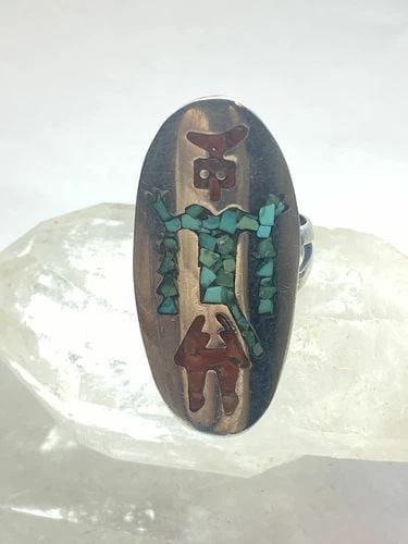 KOKOPELLI RING SIZE 6.75 TURQUOISE CHIPS CORAL CHIPS LONG STERLING SILVER WOMEN: KOKOPELLI RING SIZE 6.75 TURQUOISE CHIPS CORAL CHIPS LONG STERLING SILVER WOMEN Kokopelli ring turquoise chips coral chips long sterling silver women Size 6.75 Weight 7g Length. 1 1/2" Width 5/8" Thin