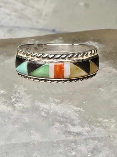 ZUNI RING SIZE 7.5 TURQUOISE CORAL ONYX MOP INLAID BAND STERLING SILVER WOMEN: ZUNI RING SIZE 7.5 TURQUOISE CORAL ONYX MOP INLAID BAND STERLING SILVER WOMEN Zuni ring size 7.5 turquoise coral onyx MOP inlaid band sterling silver women men Signed AD for Andrew Dewa Size 7.5 Weigh