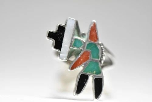 KACHINA RING ZUNI TRIBAL SOUTHWEST STERLING SILVER PINKY WOMEN SIZE 4.75: KACHINA RING ZUNI TRIBAL SOUTHWEST STERLING SILVER PINKY WOMEN SIZE 4.75 Kachina ring Zuni tribal southwest sterling silver pinky women Onyx Coral Turquoise MOP Size 4.75 Weight 3.8g Widest part of ba