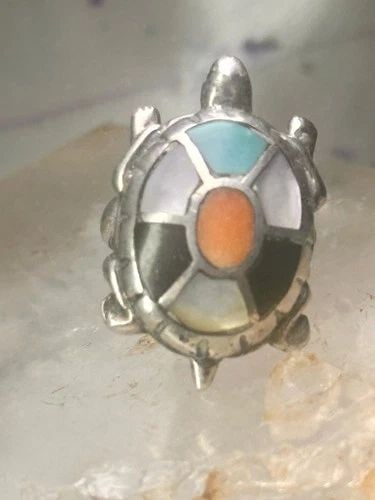 VINTAGE TURTLE RING SIZE 4.25 NAVAJO STERLING SILVER TURQUOISE MOP CORAL ONYX (1 of 2)