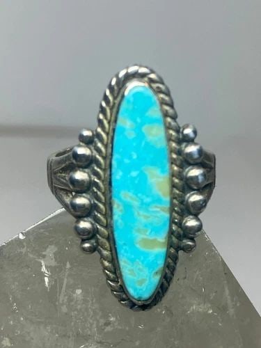 TURQUOISE RING LONG BOHO STERLING SILVER WOMEN GIRLS: TURQUOISE RING LONG BOHO STERLING SILVER WOMEN GIRLS Turquoise ring long boho sterling silver women girls Size 7.5 Weight 6.7g Length 1 1/8" Width. 1/2" Thinnest part 3/16"