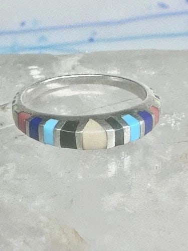 ZUNI RING SIZE 7 TURQUOISE ONYX LAPIS CORAL BAND STERLING SILVER WOMEN: Zuni ring size 7 turquoise onyx lapis coral band sterling silver women Size 7 Weight.3g Width. 1/8" Thinnest part of band 3/32"