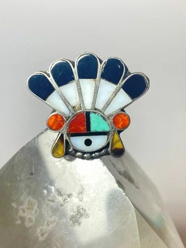 SUN FACE RING CORAL TURQUOISE ONYX ZUNI PINKY STERLING SILVER WOMEN GIRLS: SUN FACE RING CORAL TURQUOISE ONYX ZUNI PINKY STERLING SILVER WOMEN GIRLS Sun face ring coral turquoise onyx Zuni pinky sterling silver women girls Minor flaw on the inlay of a mother of pearl ...a bi