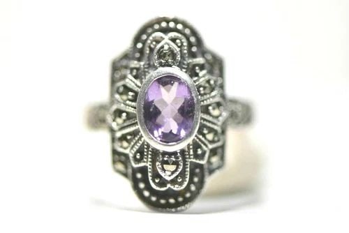 ART DECO RING LONG PURPLE MARCASITE STERLING SILVER WOMEN SIZE 7.75: ART DECO RING LONG PURPLE MARCASITE STERLING SILVER WOMEN SIZE 7.75 Art Deco ring long purple marcasite sterling silver women Size 7.75 Between a Size 7.75 and a Size 8 Weight 9.3g Widest part of band