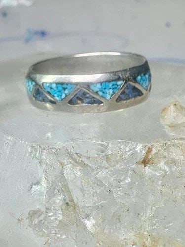 VINTAGE ZUNI RING WEDDING BAND TURQUOISE CHIPS BLUE LAPIS SIZE 11.2 STERLING SI: VINTAGE ZUNI RING WEDDING BAND TURQUOISE CHIPS BLUE LAPIS SIZE 11.2 STERLING SI Vintage Zuni ring wedding band turquoise chips blue lapis size 11.2 sterling silver Size 11.25 Weight 3.6g Width. 1/4"