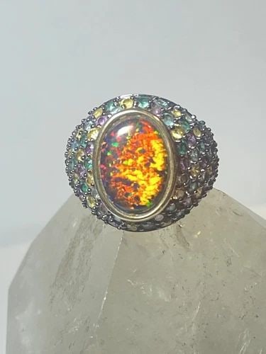 LAB OPAL RING RAINBOW CRYSTALS COCKTAIL STERLING SILVER GIRLS WOMEN (1 of 2)