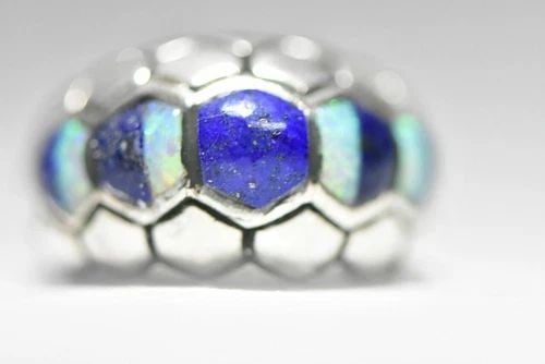 BLUE LAPIS RING OPAL BAND SOUTHWEST BAND STERLING SILVER WOMEN SIZE 6.25: BLUE LAPIS RING OPAL BAND SOUTHWEST BAND STERLING SILVER WOMEN SIZE 6.25 Blue Lapis ring opal band southwest band sterling silver women girls boys Signed Masha hard to read Lab Opal Size 6.25 Between 