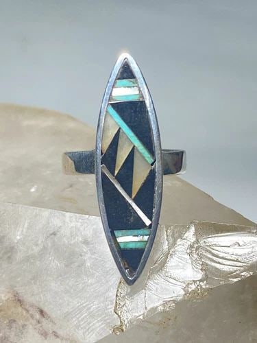 ONYX RING SIZE 7 LONG MOTHER OF PEARL TURQUOISE STERLING SILVER WOMEN GIRLS: ONYX RING SIZE 7 LONG MOTHER OF PEARL TURQUOISE STERLING SILVER WOMEN GIRLS Onyx ring long mother of pearl turquoise sterling silver women girls Size 7 Between a size 7 and a size 7.25 Weight 5.9g Len
