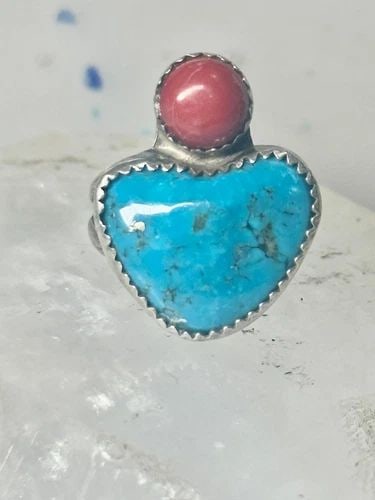 TURQUOISE RING SIZE 6.75 HEART LOVE VALENTINE SOUTHWEST CORAL STERLING SILVER WO (1 of 2)