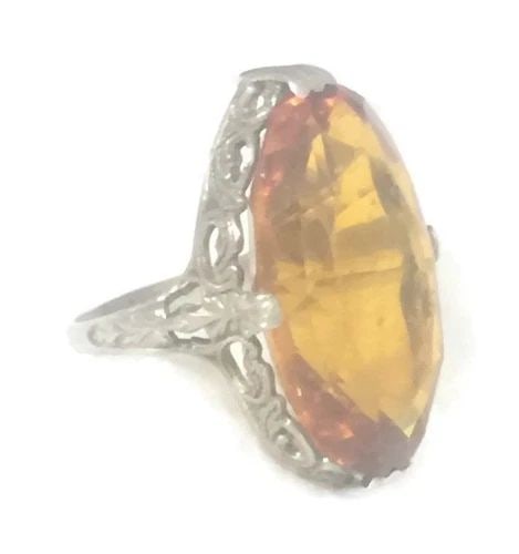 ART DECO VINTAGE ORANGE GLASS FILIGREE STERLING SILVER PINKY RING SIZE 5: ART DECO VINTAGE ORANGE GLASS FILIGREE STERLING SILVER PINKY RING SIZE 5 Art Deco Vintage Orange Filigree Sterling Silver Pinky Ring AS IS *****Stone is Secure but Slightly Loose & Not going Anywhere 