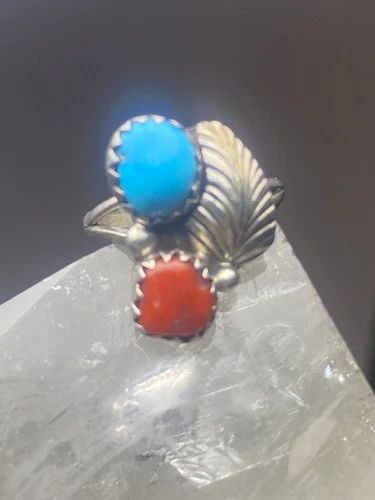 CORAL TURQUOISE RING SOUTHWEST PINKY STERLING SILVER WOMEN GIRL: CORAL TURQUOISE RING SOUTHWEST PINKY STERLING SILVER WOMEN GIRL Coral turquoise Ring southwest pinky sterling silver women girl Size 2.25 Weight 1.9g Length 5/8" Width 1/2" Thinnest part 3/32"