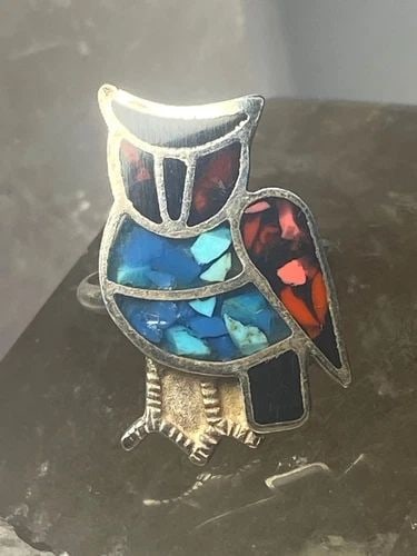 OWL RING SIZE 4 TURQUOISE CHIPS CORAL SOUTHWEST STERLING SILVER WOMEN GIRLS (1 of 2)