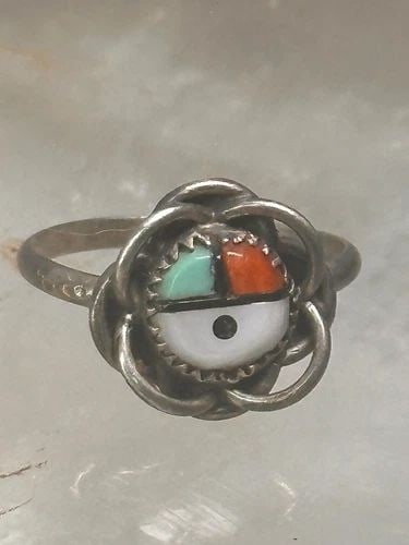 ZUNI RING SUN FLORAL TURQUOISE CORAL MOP SIZE 3.25 STERLING SILVER WOMEN CHILDRE (1 of 2)