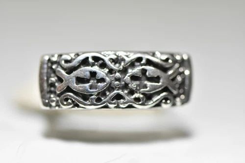 CROSS RING BIKER BAND FISH RELIGIOUS STERLING SILVER MEN (1 of 2)