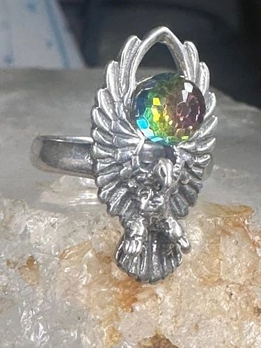 EAGLE RING CRYSTAL RAINBOW PRISM ORB BY SHUBE SIZE 4.50 PINKY STERLING SILVER BA: EAGLE RING CRYSTAL RAINBOW PRISM ORB BY SHUBE SIZE 4.50 PINKY STERLING SILVER BA Eagle ring Rainbow Crystal prism orb by Shube size 4.50 pinky sterling silver band Size 9 Weight 9.4g Width. 3/4" Thinn