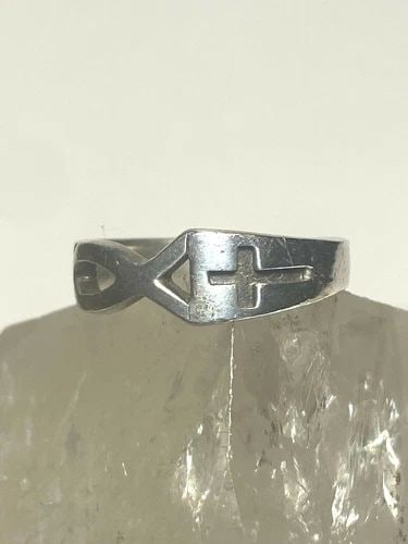 CROSS RING RELIGIOUS FISH BAND STERLING SILVER WOMEN GIRLS (1 of 2)