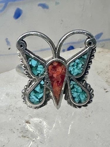 BUTTERFLY RING SOUTHWEST STERLING SILVER TURQUOISE CORAL CHIPS SIZE 4 GIRLS WOME: BUTTERFLY RING SOUTHWEST STERLING SILVER TURQUOISE CORAL CHIPS SIZE 4 GIRLS WOME Butterfly ring southwest sterling silver turquoise coral chips size 4 girls women Size 8 Weight 3.1g Length. 5/8" Width